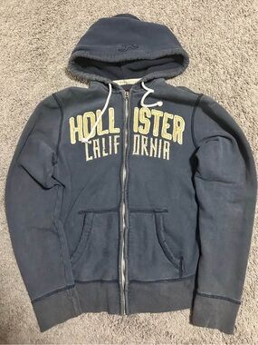 Hollister Navy Blue Hooded Zip Sweatshirt with Maroon Patch